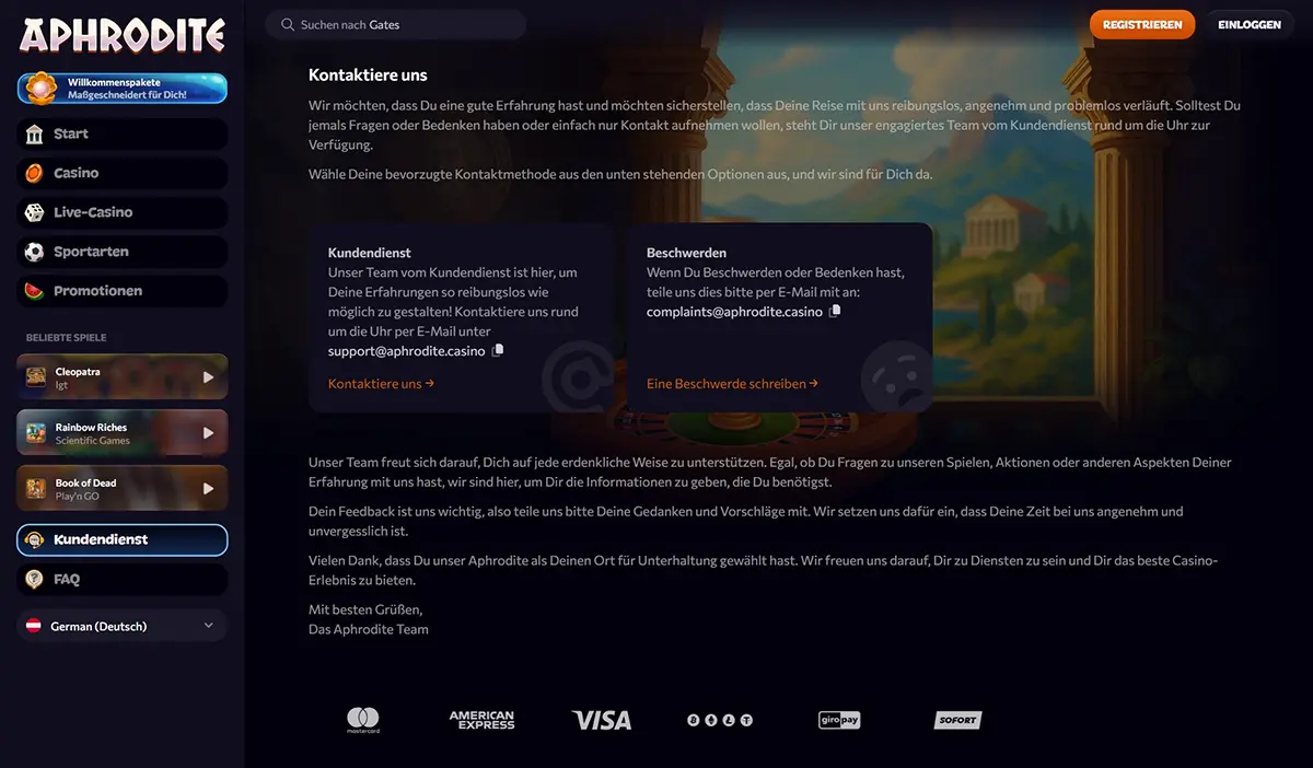Aphrodite Casino Kundensupport